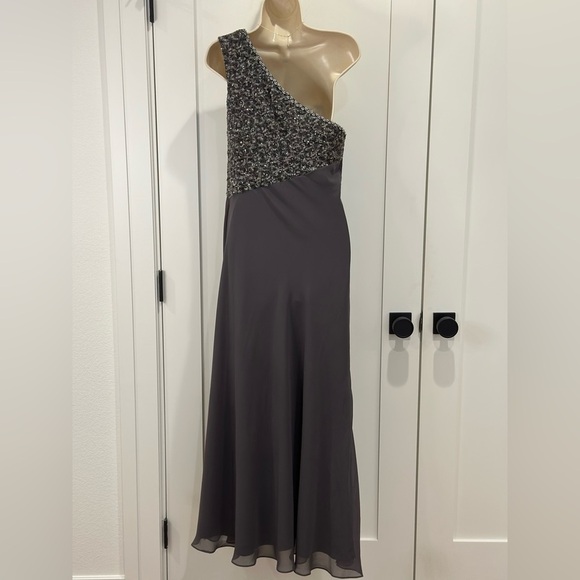 Vintage Aspeed One Shoulder Chiffon Gown Embellished Gray Medium Y2K Prom Chic - Picture 2 of 13